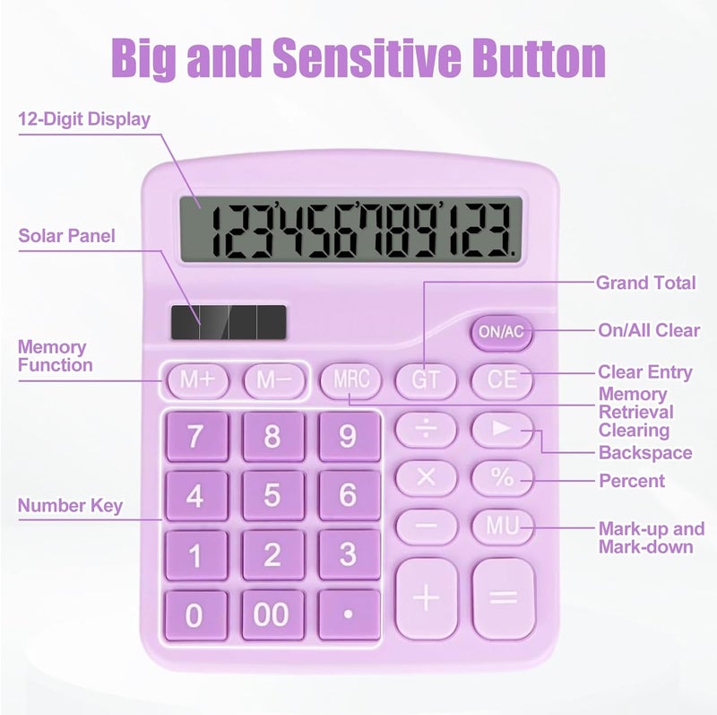 HUTUDD Desktop Calculator, Purple Calculator Big Buttons, 12-Digits Large LCD Display, Solar and AA Battery Dual Power, Desk Calculators for Office Home School Business Class (Purple) - Image 5